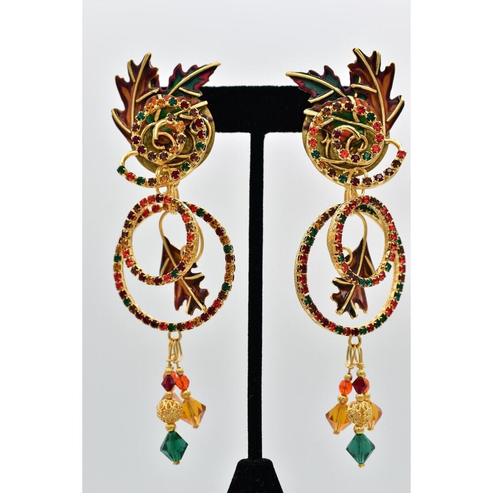 Lunch At The Ritz Vintage Loop Leaf Earrings Leaves Fall Crystal Signed BinAG
